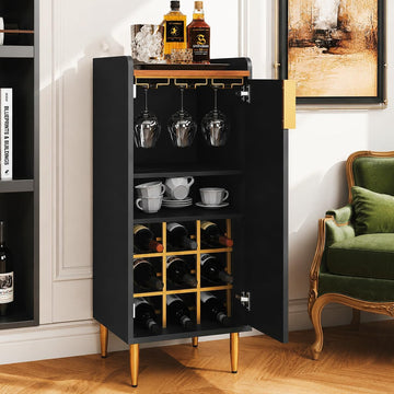 Mini Bar Cabinet , Fluted Wine Bar Cart with Wine Racks & Wine Glass Holder, Modern Corner Liquor Cabinet (Black)