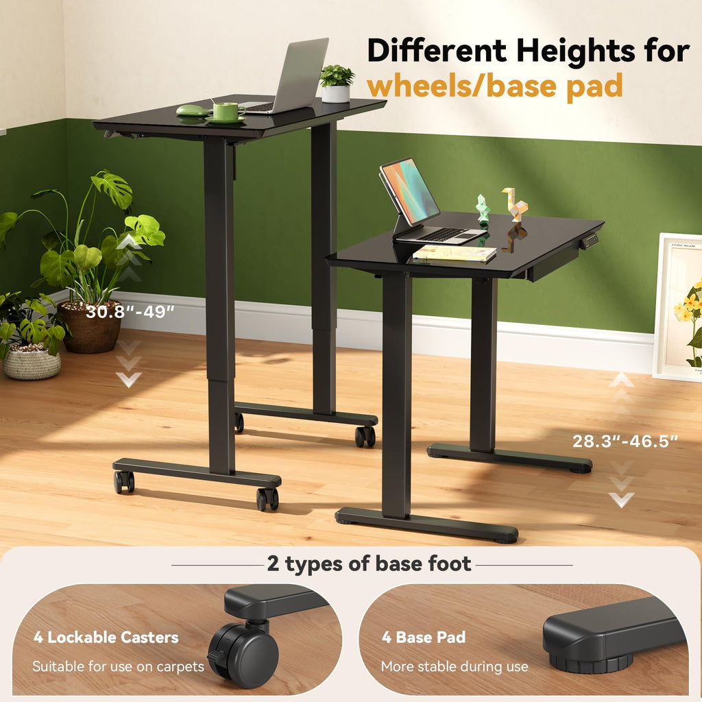 35" Black Glass Standing Desk Height Adjustable with Drawer