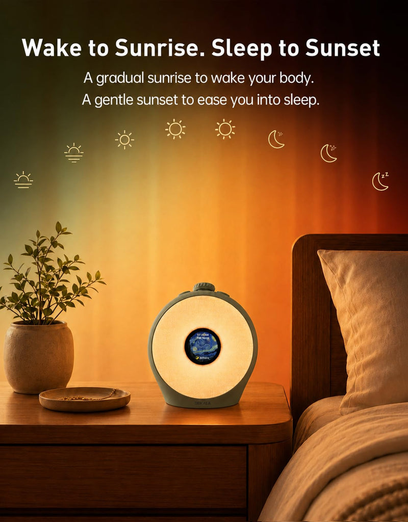 Sunrise Alarm Clock for Heavy Sleepers with Pulse Wake, Sunset Sound Machine with Breathing Ambient Light, Loud Alarm