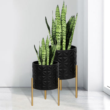 Modern Planter Pots, Set of 2 Large Planters with Stand, Decorative Planters, Metal Pots with Drainage Holes, Garden