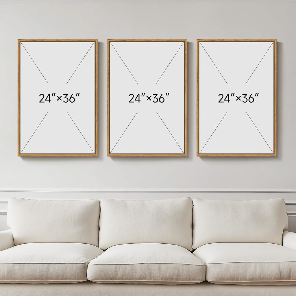 Large Framed Neutral Abstract Landscape Set of 3 Living Room Wall Art, Modern Misty Pine Forest Canvas Artwork for