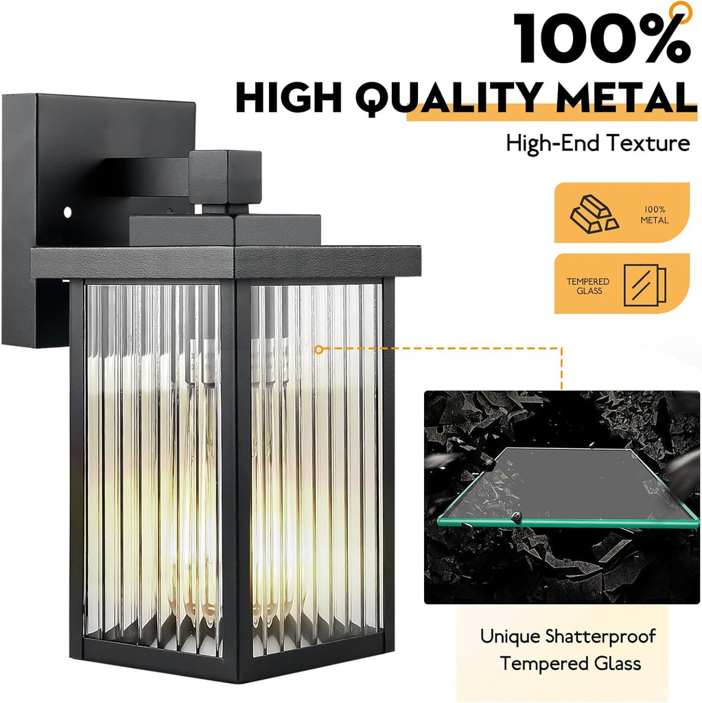 Outdoor Wall Lights for House Exterior - IP65 Waterproof Porch Lights with Textured Glass & Matte Black Metal