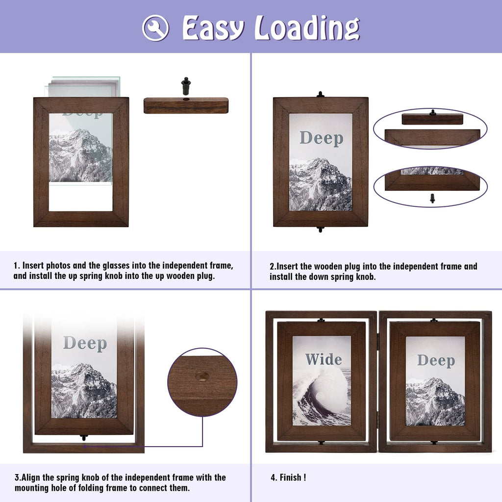 5x7 Picture Frame Rustic Wood Hinged Folding Double Photo Frame, Double Sided Display Rotatable High Definition Glass