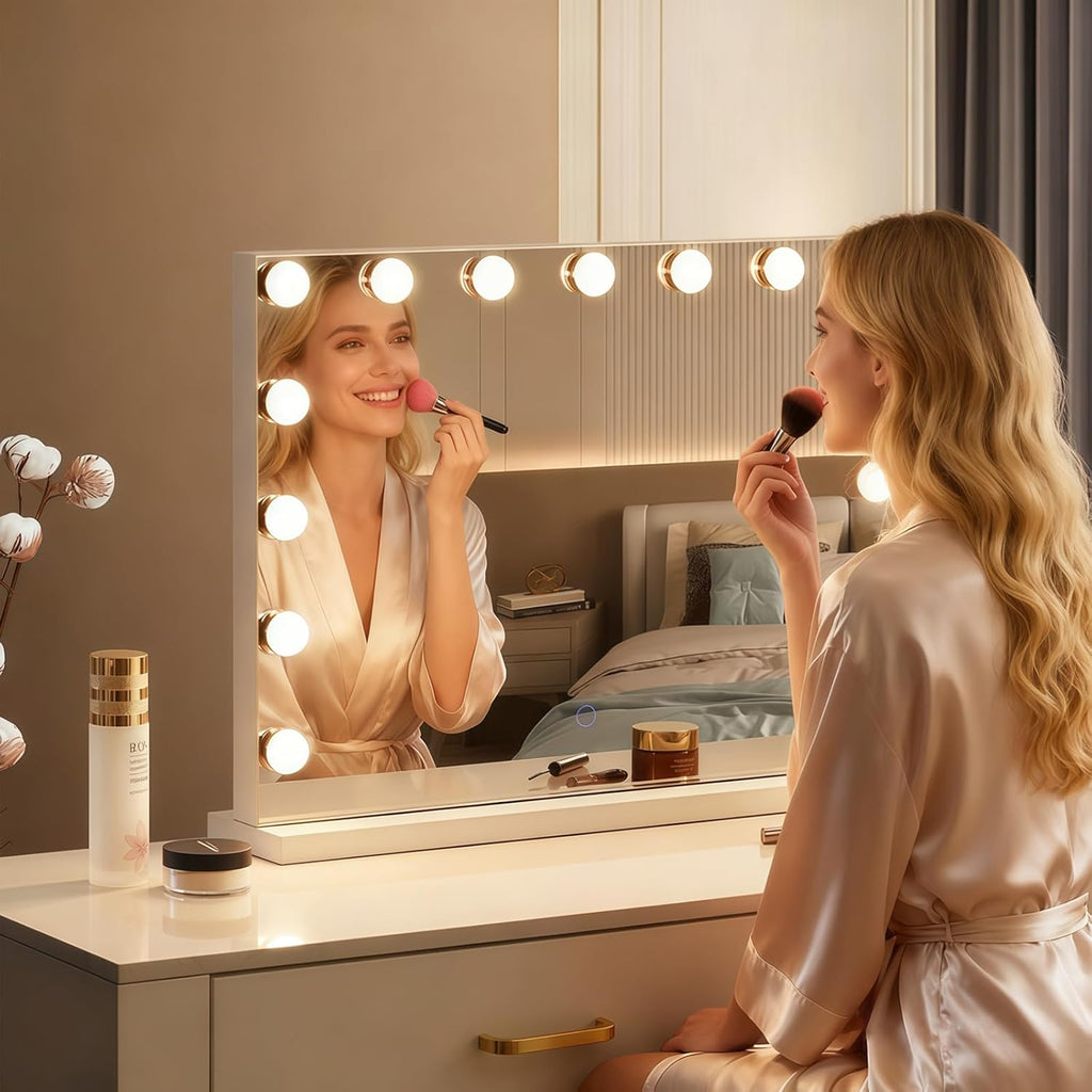 Hollywood Vanity Mirror with Lights, 23"x18" Lighted Makeup Mirror with 10x Magnification for Desk/Wall Mount, 15 Led