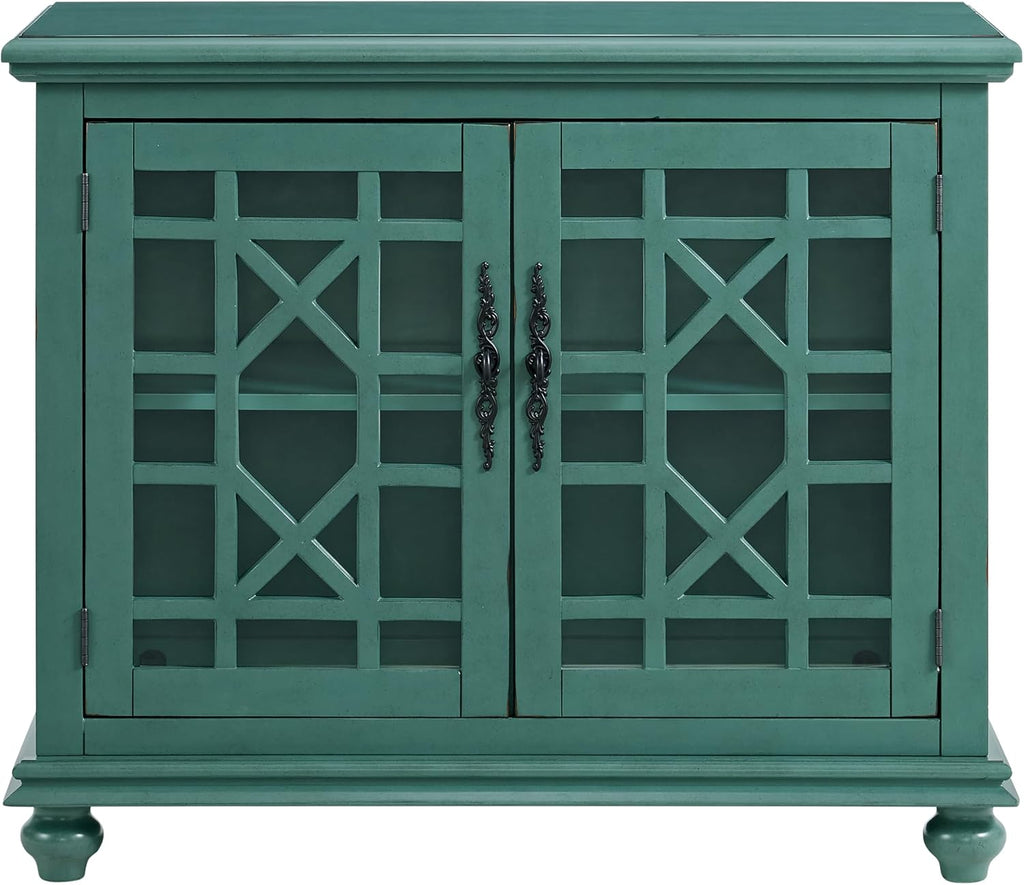 Elegant Small Spaces Accent Cabinet, Teal Green | Solid Wood, Glass Doors, Vintage Sideboard, Small TV Stand , Turned