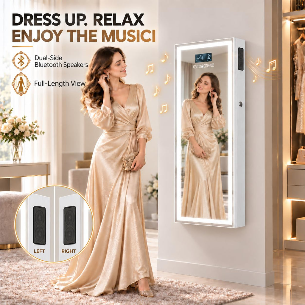 LED Mirror Jewelry Cabinet, Bluetooth Speaker, Full Length Mirror, White