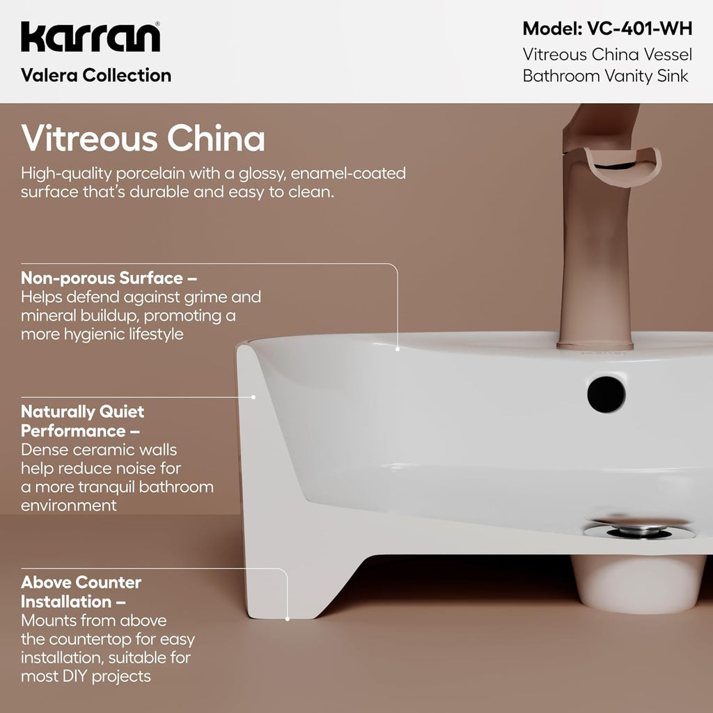 Karran Valera 18 Inch Round Vessel Bathroom Sink, Vitreous China Above Counter Vanity Sink with Overflow