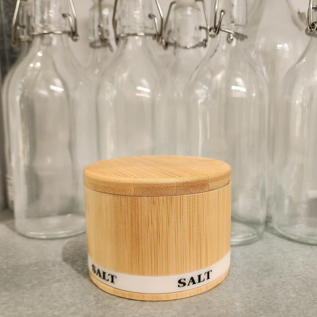 Salt Cellar with Lid, Bamboo Wood Salt Containers for Countertop