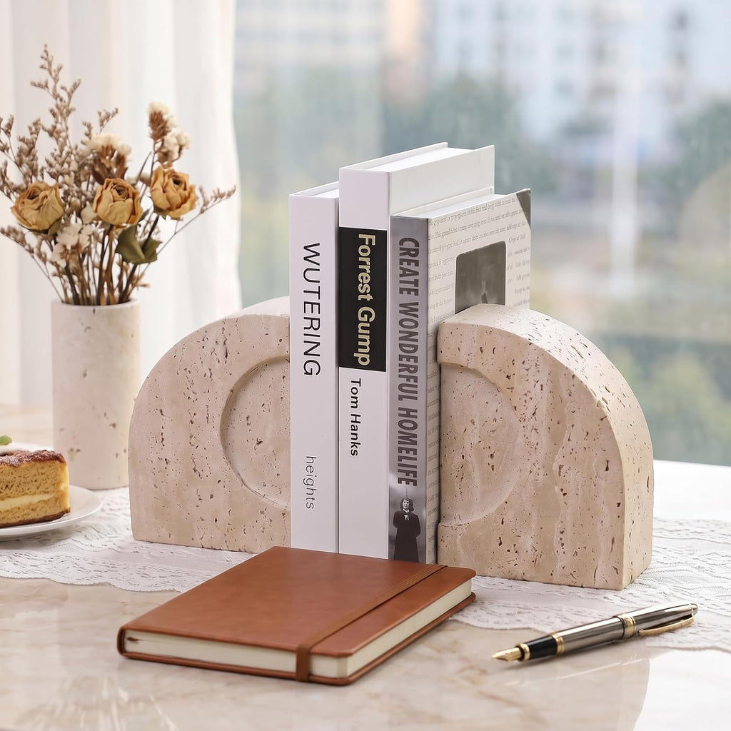 Travertine Book Ends, Decorative Stone Bookends for Shelves, Heavy Bookends | Natural StoneBook Stopper | Sculptural