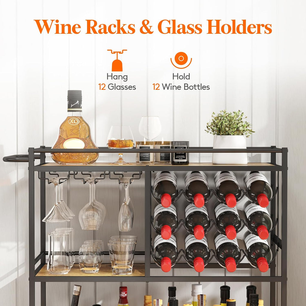 3 Tier Rolling Serving Bar Cart with Lockable Wheels, Rustic Brown | 12 wine rack and 3 rows glass holders, liquor