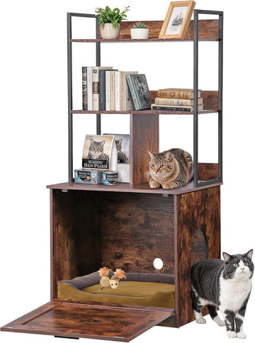 2-in-1 Cat Litter Box Enclosure with Storage Shelves, Hidden Cat Litter Box Enclosure Furniture with Entrance (Rustic