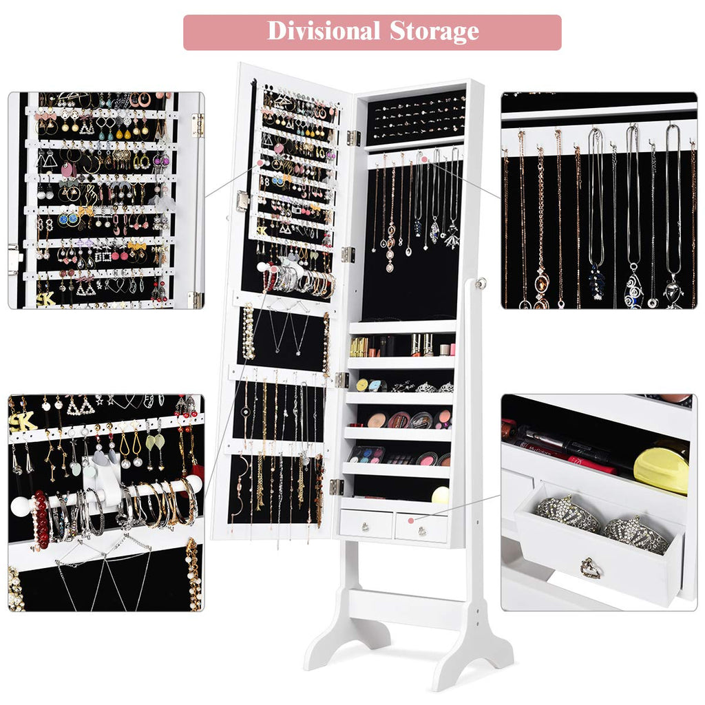Lockable Standing Jewelry Armoire with Full Length Mirror, White