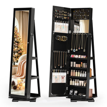 360° Rotating Jewelry Armoire with Full-Length Mirror and Interior Makeup Mirror, Lockable Standing Jewelry Cabinet