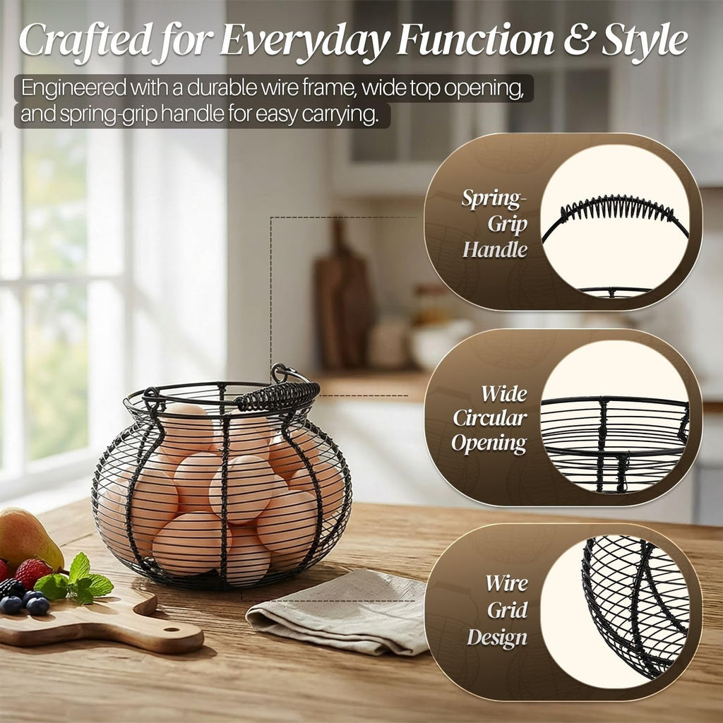 Wire Egg Basket for Collecting Fresh Eggs, Black Countertop Holder