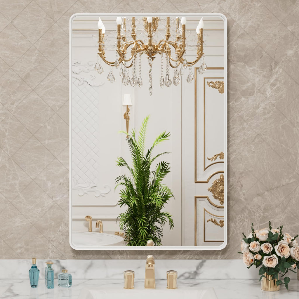22x30 Inch White Metal Framed Bathroom Mirror for Wall, White Bathroom Vanity Mirror Farmhouse, Large Rounded