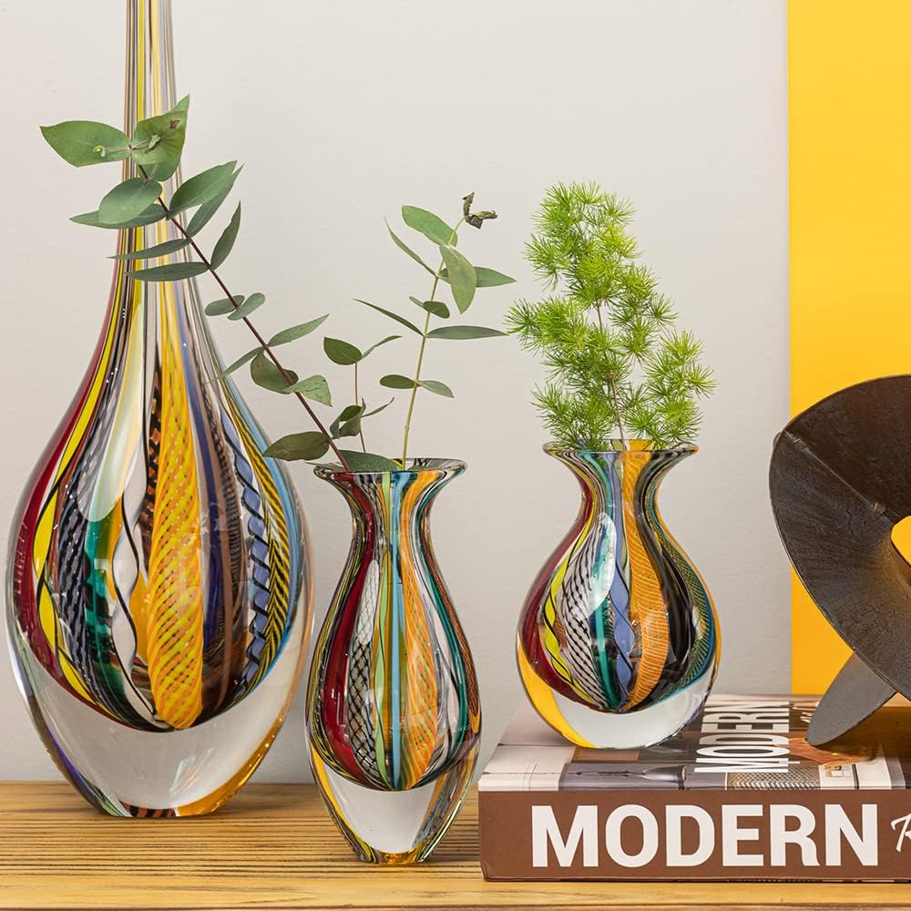 Murano Style Glass Vase Hand Blown Colored Canes Boho Effect Home Decor