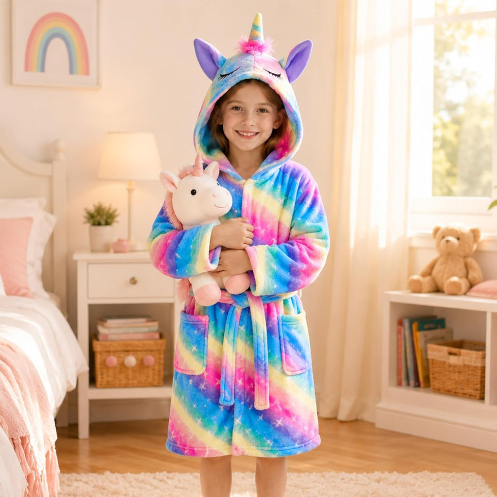 Girls Robe Kids Hooded Bathrobe Unicorn Rainbow Star Leopard Toddler Bath Robe Warm Fuzzy Bathrobes