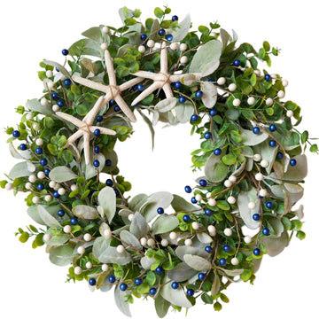22-inch Green Front Door Wreath Coastal Artificial Starfish & Berries Wreath for Wall, Mantel, Entryway Greenery