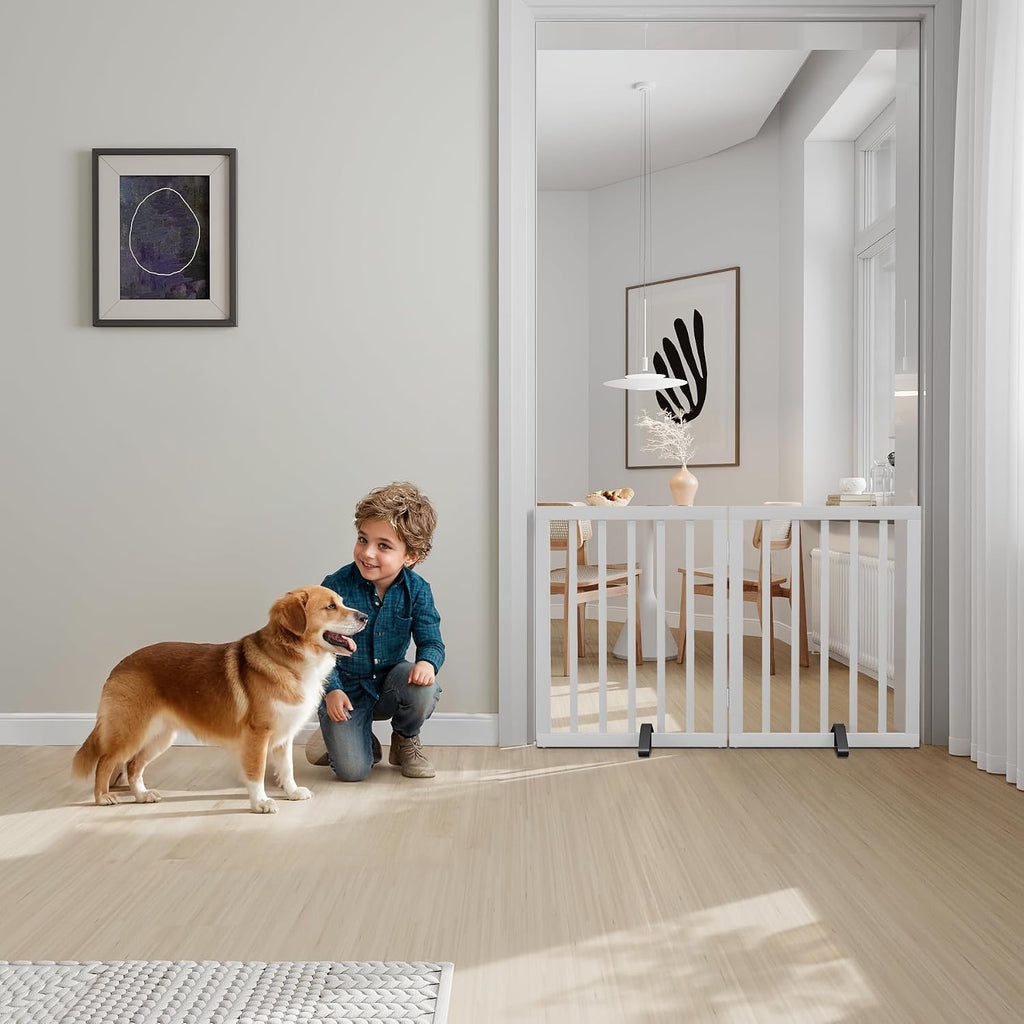 Bamboo Dog Gates Indoor 2-Panel Freestanding Puppy Gates for The House with 2 Metal Stands 24" H Folding Wood Pet