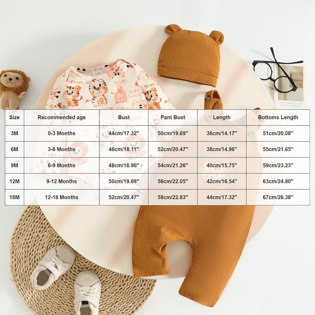 Baby Boys Piece Jungle Animal Outfit Long Sleeve Onesie + Corduroy Overalls + Bear Ear Hat Set