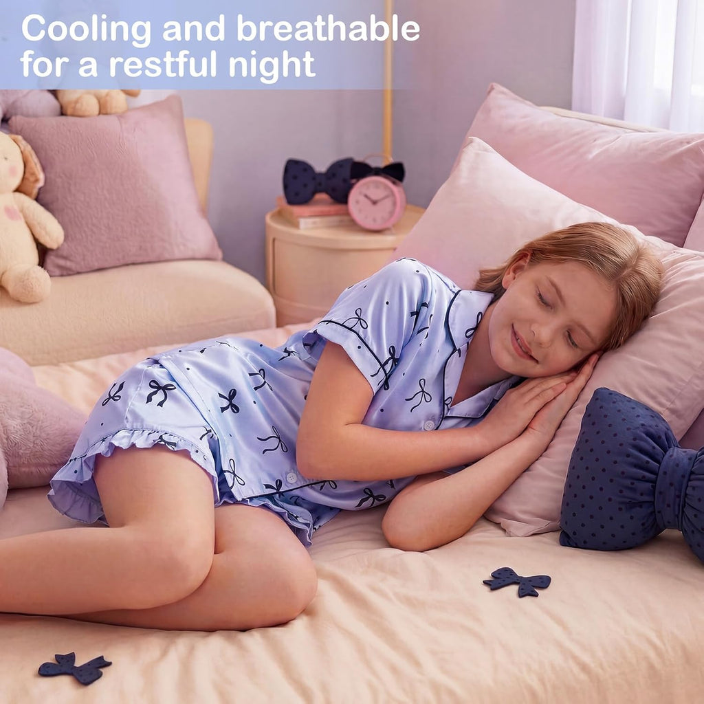 Girls Satin Pajama Set Piece Short Sleeve Button-Down Sleepwear