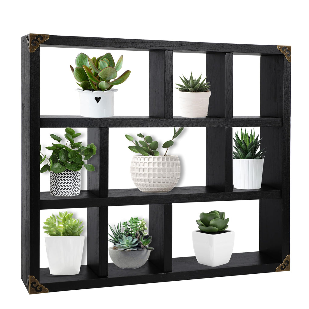 17.7x15.7-Inch Shadow Box Shelf 9-Slot Rustic Floating Shelves Larger Wall Mounted Lightweight Solid Wood Display