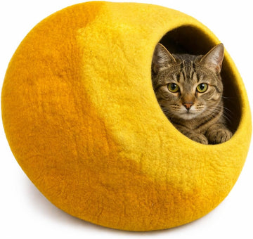 Felt Cat Cave Bed - Yellow & Golden Yellow Wool Cat House, Cozy Enclosed Pet Bed for Indoor Cats, Warm Nest Sleeping