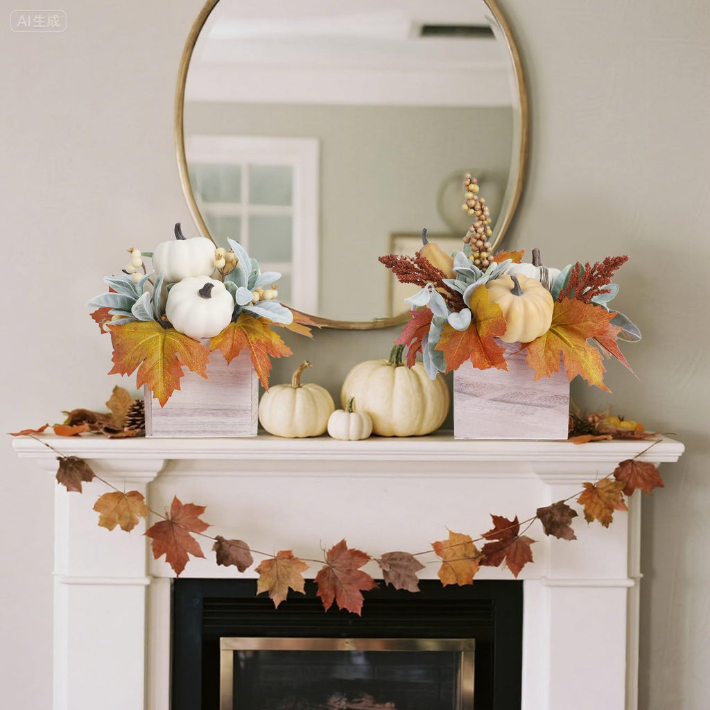 Fall Decorations Artificial Pumpkin Gourd Berries Leaves, 2 Pack