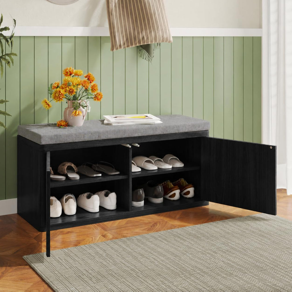 Shoe Bench with Cushion & Push-Open Doors, Double-Layered Storage, Black