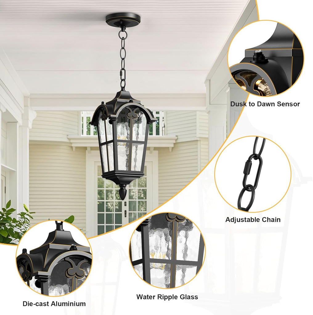 Outdoor Pendant Light Dusk to Dawn for Porch,Anti-Rust Aluminum Outdoor Chandelier