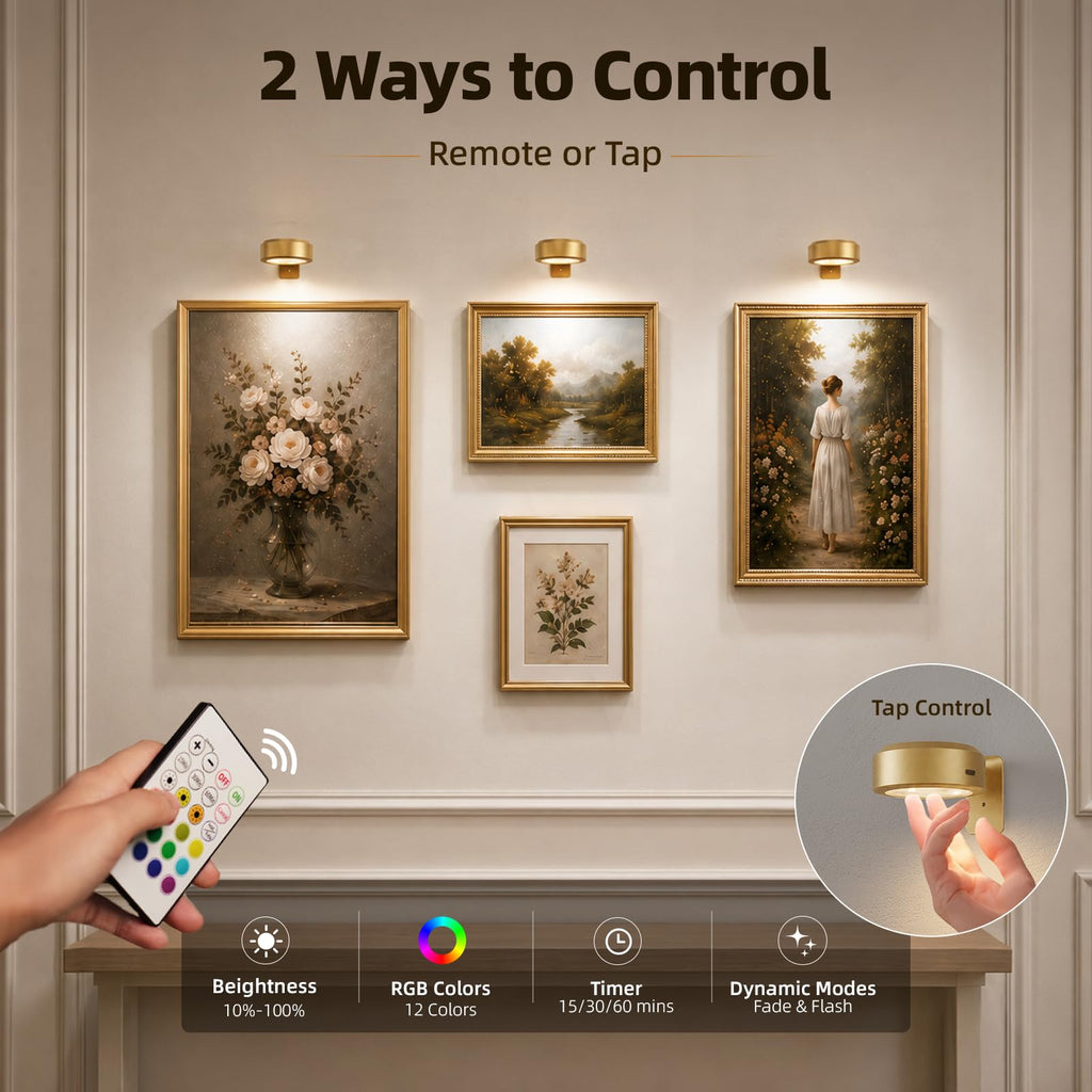 Picture Lights for Wall, Rechargeable Battery Magnetic Poster Lights with 3 Color Temps & 12 RGB, Remote Dimmable