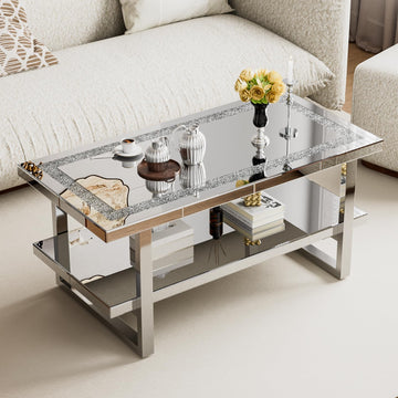 Mirrored Coffee Table with 2 Tiers, 2 in 1 Rectangle Coffee Table with Crushed Diamond, Silver Living Room Table with