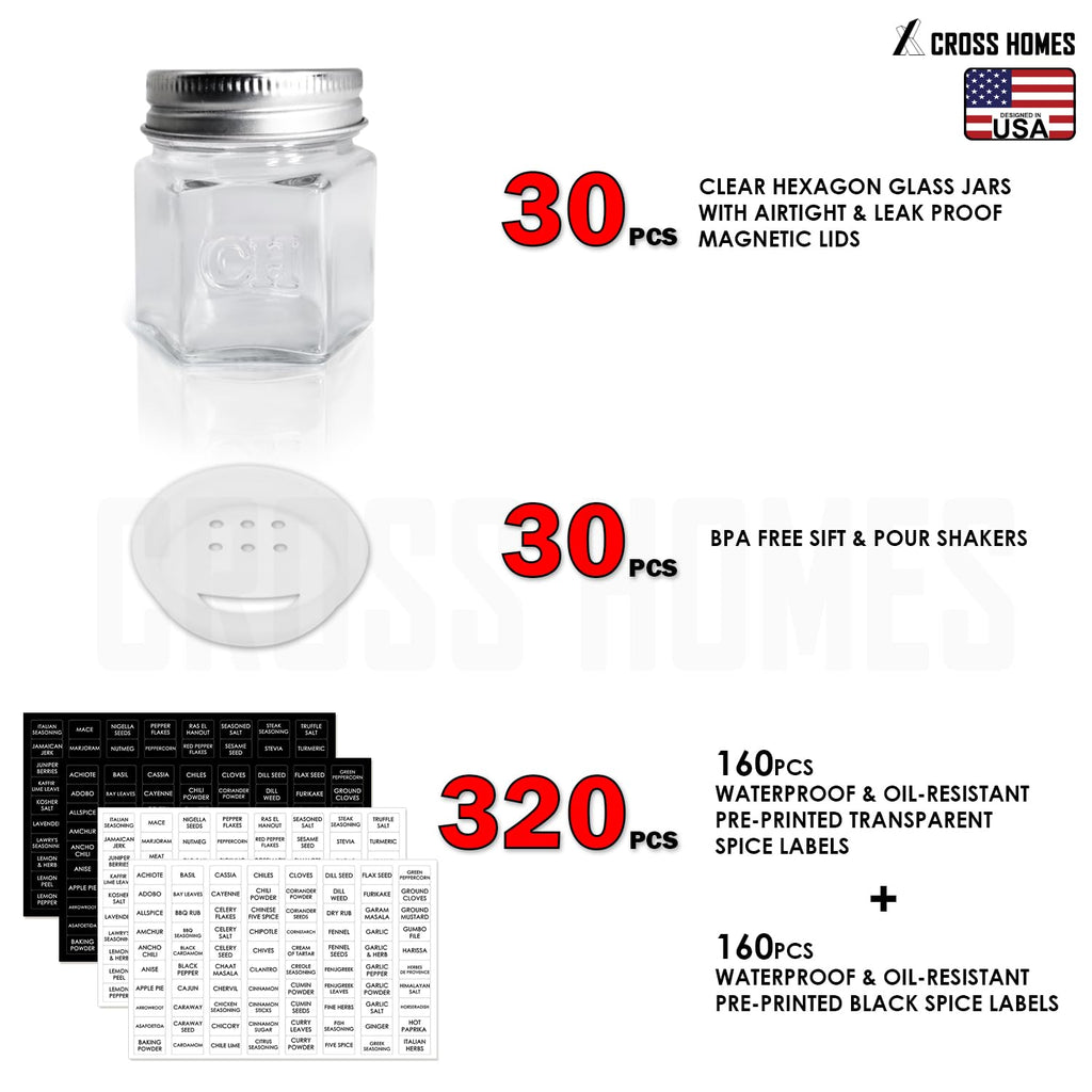 30 Set Magnetic Spice Jars for Refrigerator Hexagon Glass Spice Jars with Magnetic Lids, Shaker, Spice Labels