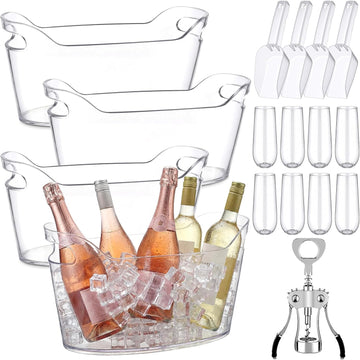 6.5L Clear Ice Buckets for Parties, Large Plastic Beverage Tub Set with Scoops, Champagne Flutes & Wine - Set of 4