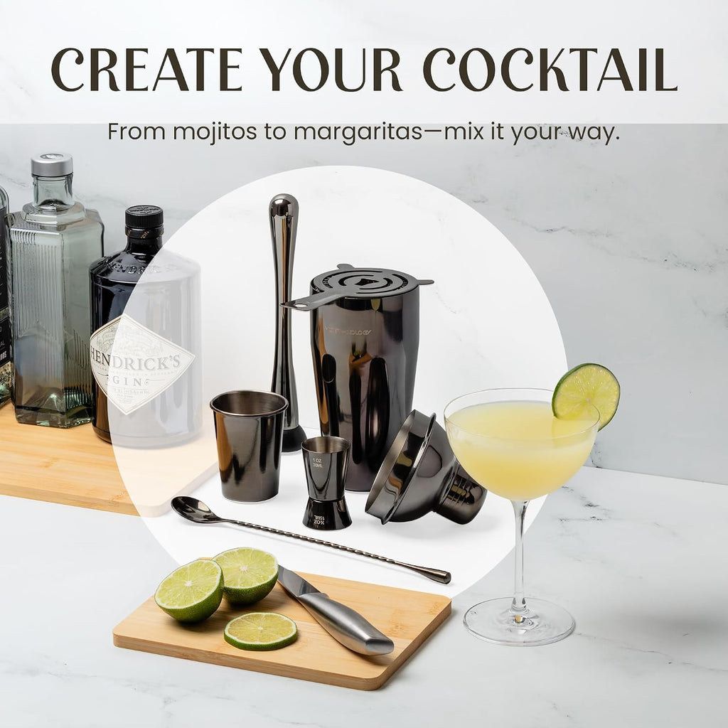 Pro-Graded Cocktail Shaker Set with Stand | Complete Bartender Kit | 24oz Martini Shaker, Jigger, Strainer, Bar - Set of 21