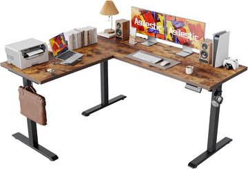 L Shaped Standing Desk Adjustable Height, 59 Inch, Rustic Brown | Electric Height Adjustable, Spacious Corner