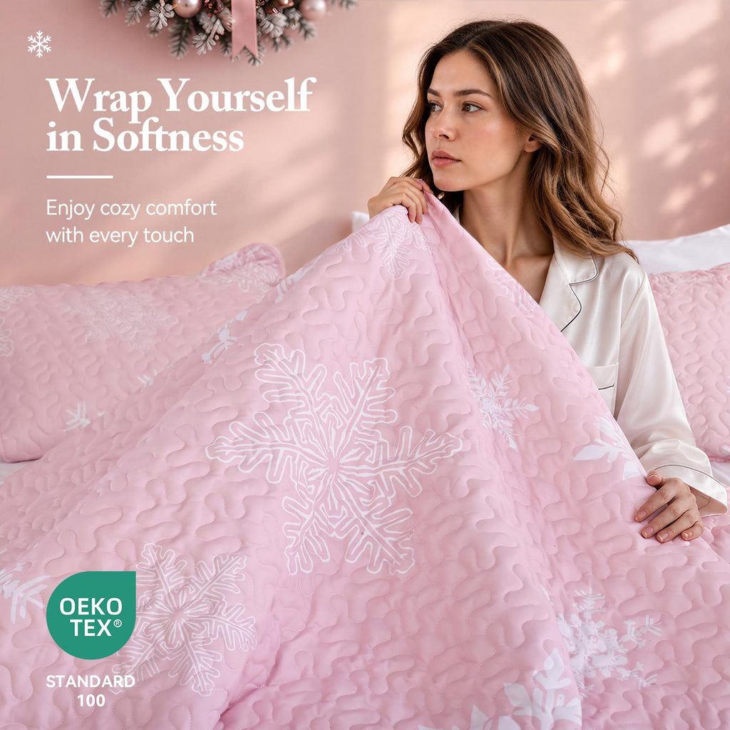 Christmas Quilt Set King Size, Pink Snowflake Christmas Bedding