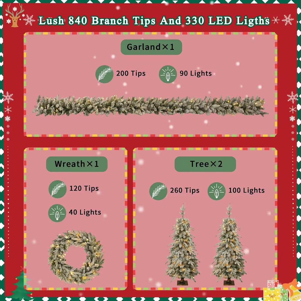 Pre-lit Christmas Artificial Tree 4-Piece Set, Garland, Wreath and Set of 2 Entrance Trees, X-mas with LED Lights