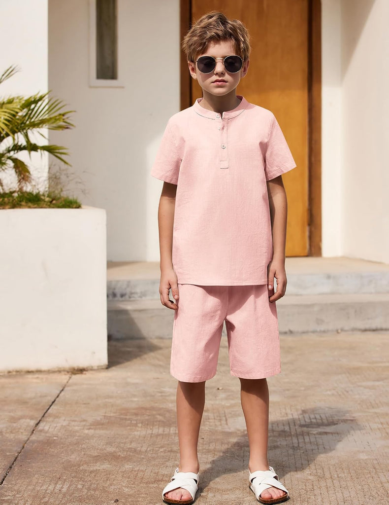 Boy's 2 Pieces Cotton Linen Set Casual Henley Shirts Short Sleeve Beach Shorts Summer Outfits