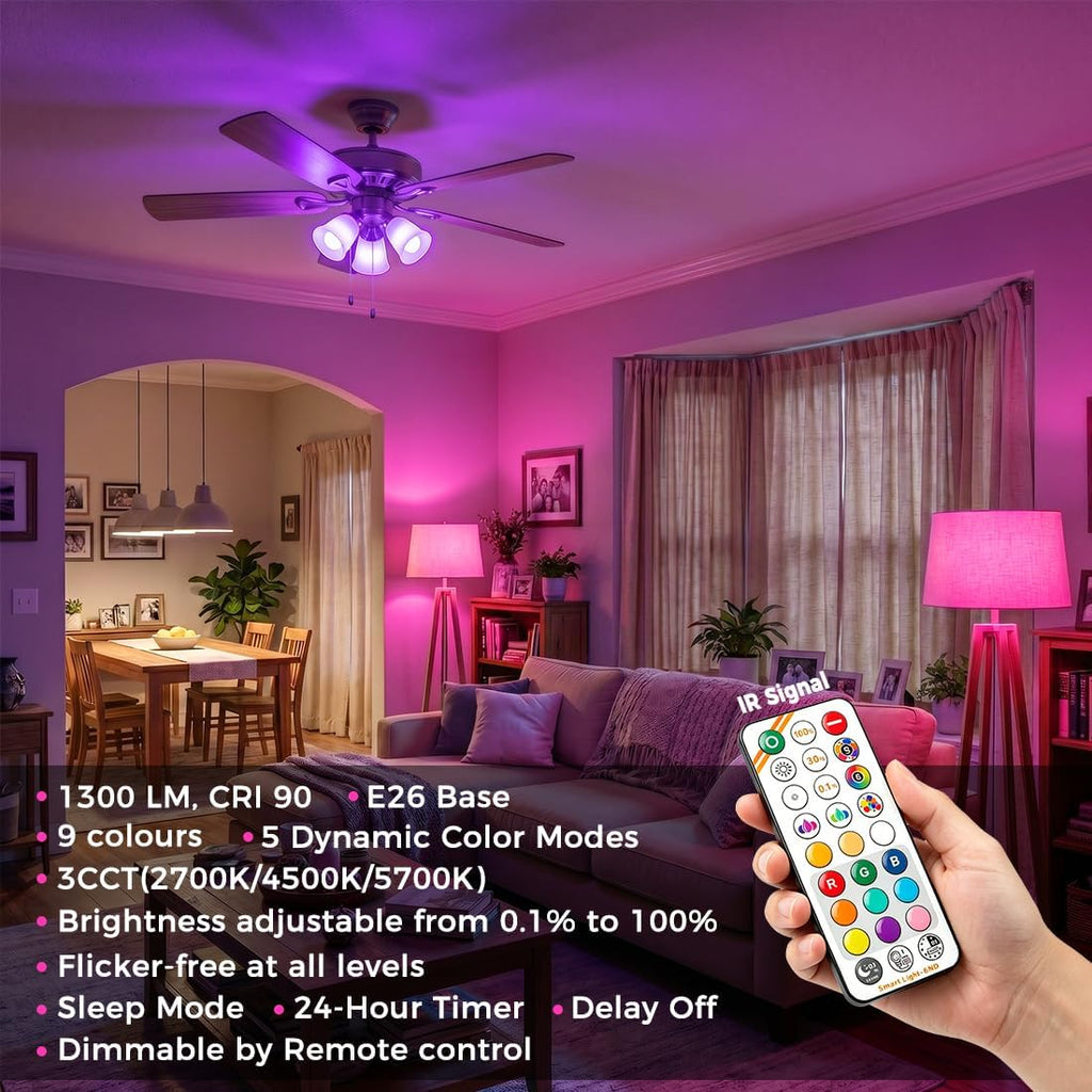Led Light Bulb, 12W, 120 Watt Equivalent, 2700K/4500K/5700K 3CCT, 9 RGB Colors, Color Changing Light Bulb with Remote
