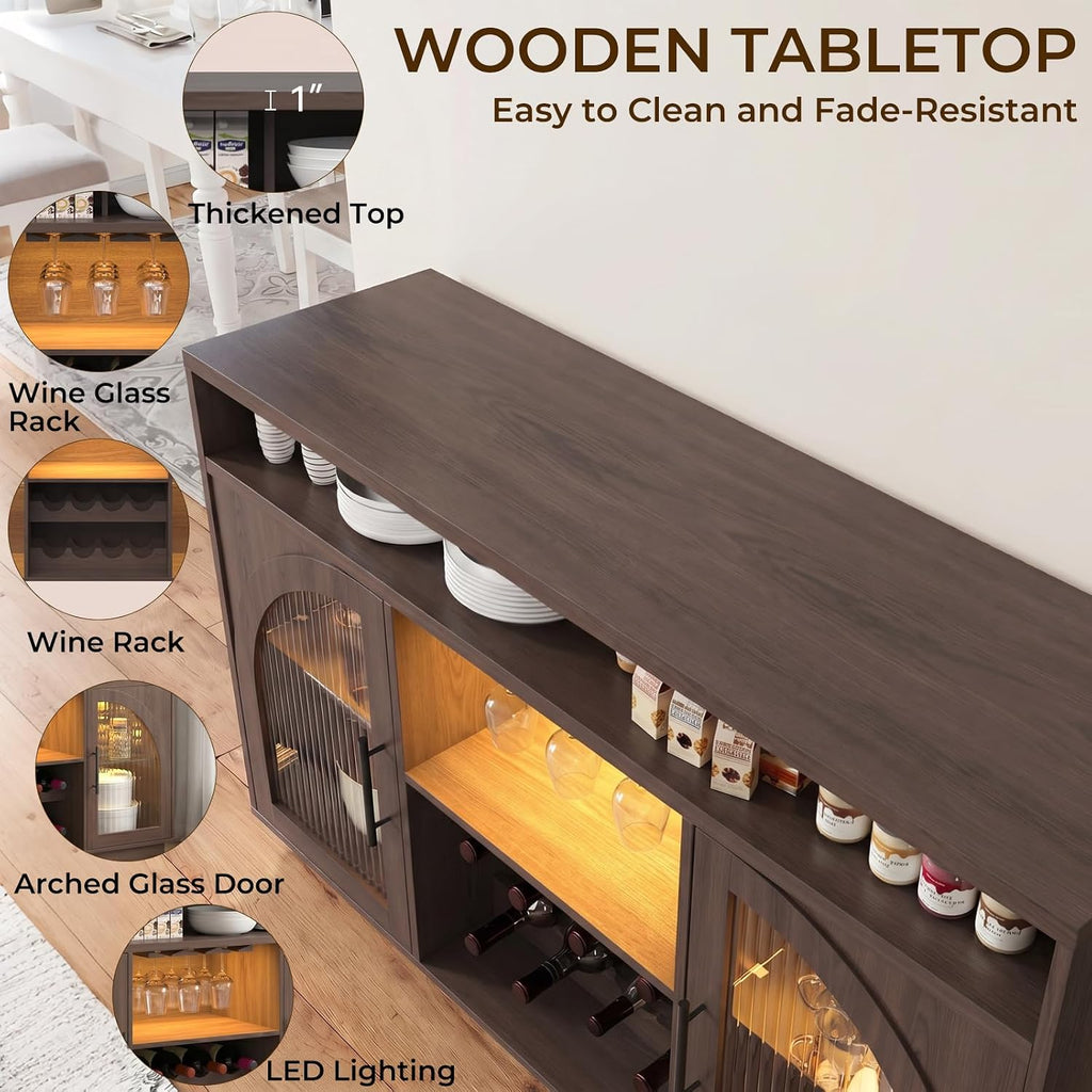 54" Coffee Bar Cabinet with Storage, LED Lights and Arched Glass Doors | Brown Wine Bar Cabinet with Wine Rack and