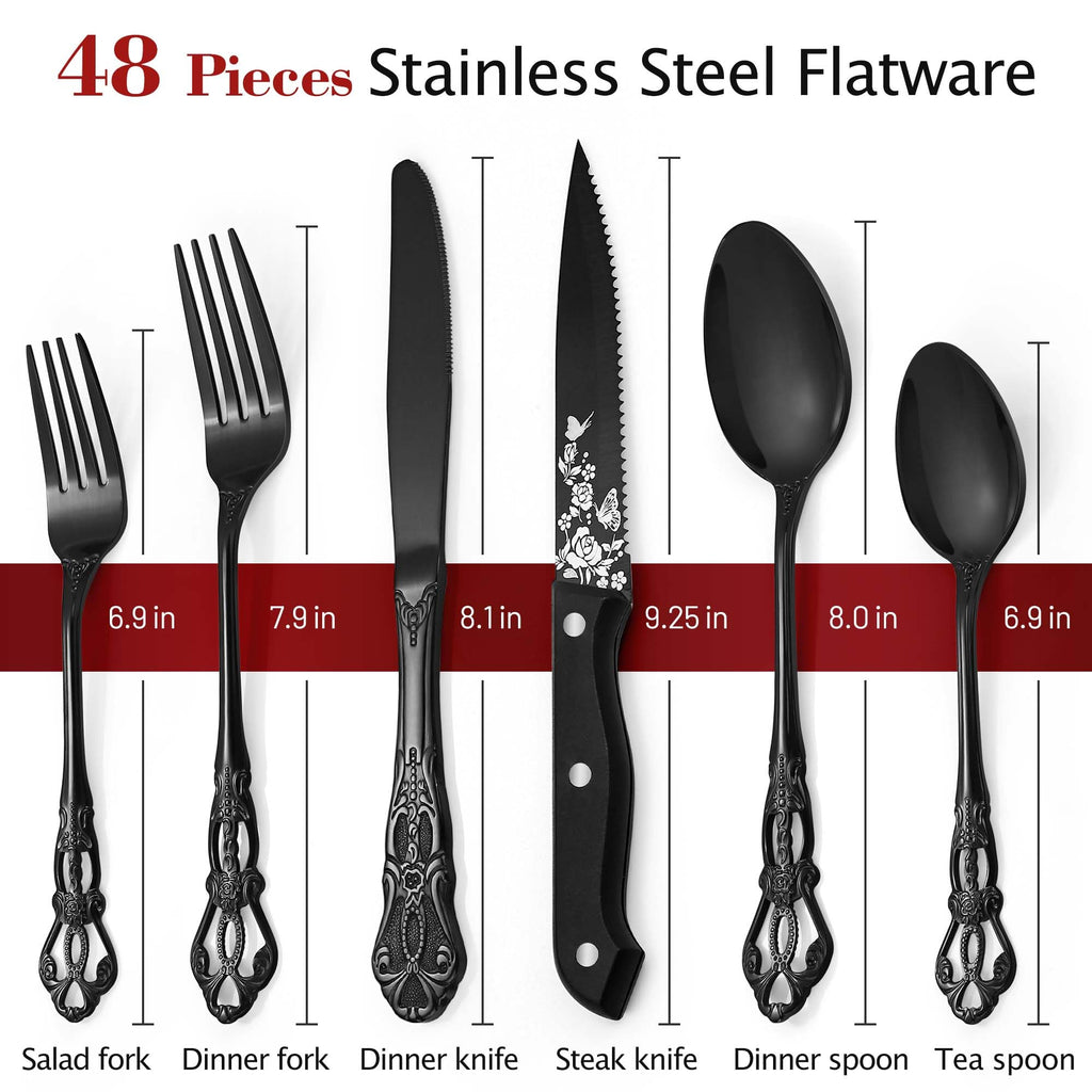 Black Silverware Set For 8, 48 PCS Retro Royal Silverware Flatware Set with Black Spoons Forks Knives Set, Mirror