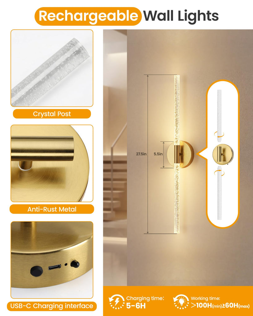 Crystal-Inspired Bubble Battery Operated Wall Sconce Set of 2, 10000mAh 3 Color Temps Rechargeable Wall Lights with
