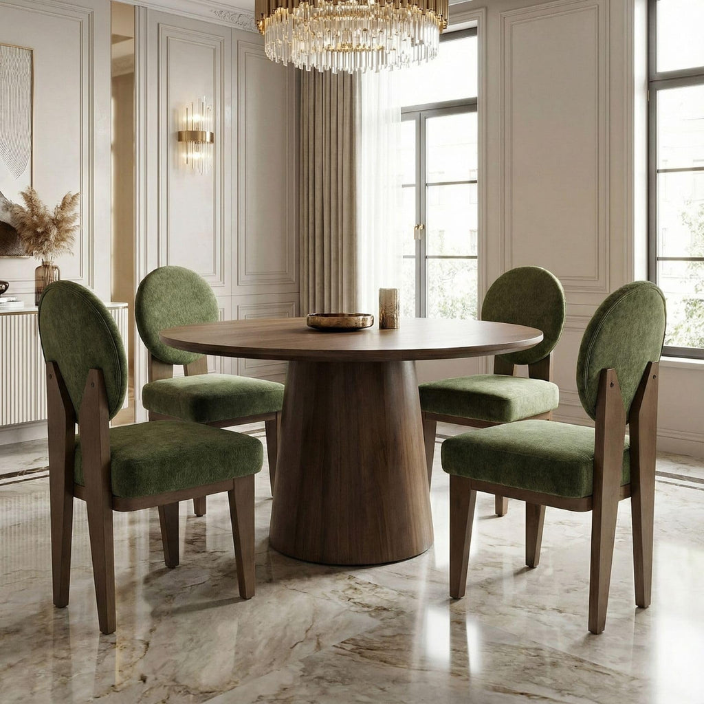 Mid-Century Modern Walnut Dining Chairs Set of 4, Vintage Green Wooden Kitchen Chairs, Retro Upholstered Velvet
