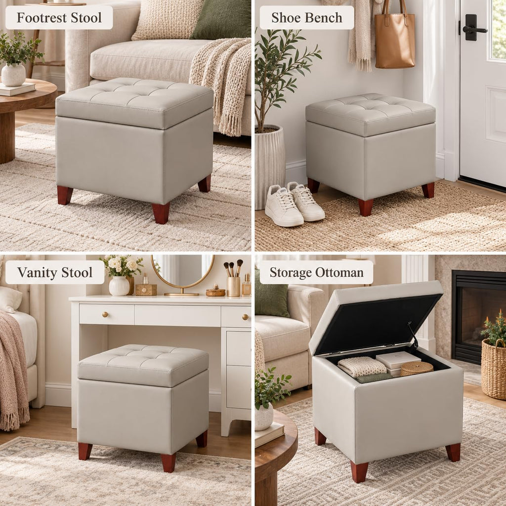 18" Square Storage Ottoman, Premium Faux Leather Lift-Top Footrest & Coffee Table, Modern Upholstered Cube with