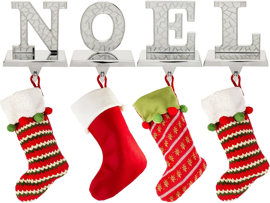 Stocking Holder for Mantle - 4pc N O E L Christmas Stocking Holders Nickel - Stocking Holders with Velvet Bottom