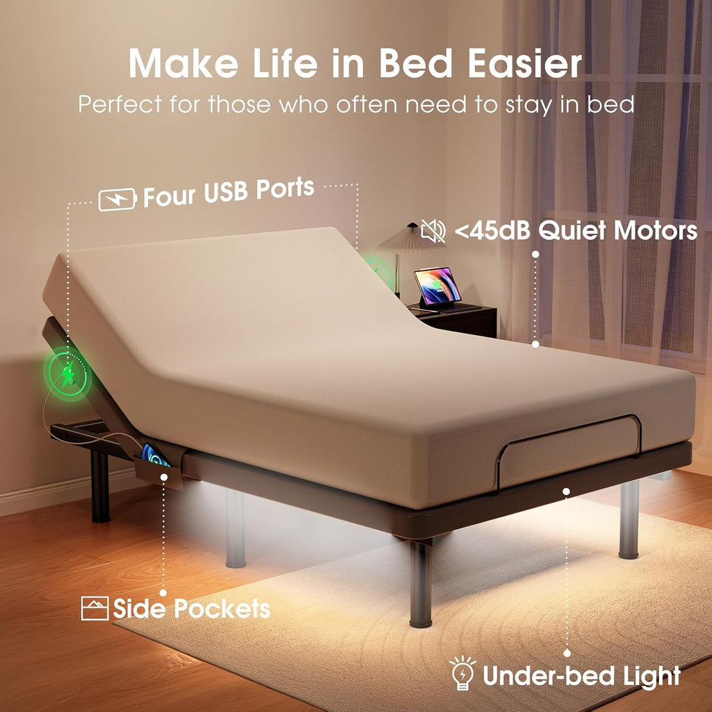 Adjustable Bed Frame Queen with Massage, Ergonomic Head & Foot Incline - Luxury Zero Gravity Electric Base with 4 USB