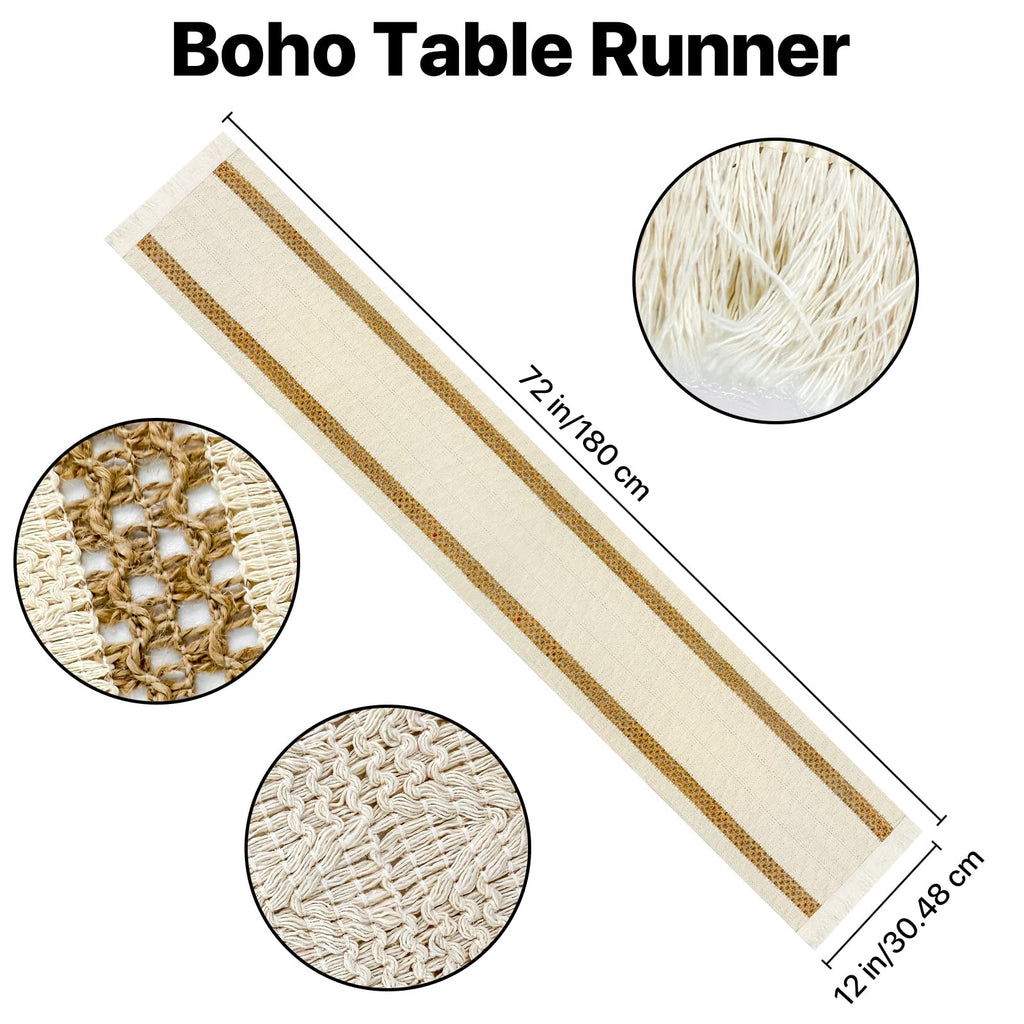 Round Woven Placemats Set of 4, with 72 Inches Long Farmhouse Macrame Table Runner Burlap Cotton Linen Table Runners