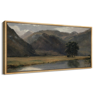 Extra Large Framed Canvas Print Wall Art Tranquil Mountain Valley with River Illustrations Modern Art Calm Warm