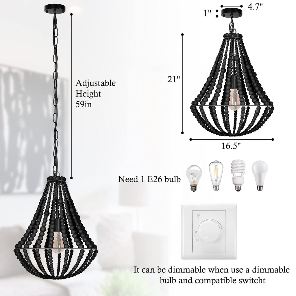 Boho Light Fixtures Wood Beaded Chandelier Farmhouse Pendant Light 1-Light Black 16.5" Ceiling Hanging Light, Dining